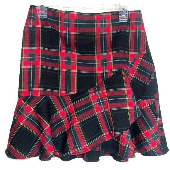 Trina Turk Tartan Christmas Plaid Ruffled Hem Conversation Mini Skirt Sz Small - Picture 1 of 9